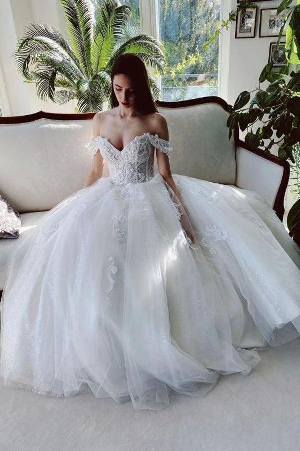Off The Shoulder Tulle White Appliques Wedding Dresses With Beading WD579 - Image 2