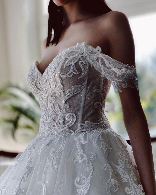 Off The Shoulder Tulle White Appliques Wedding Dresses With Beading WD579 - Image 5
