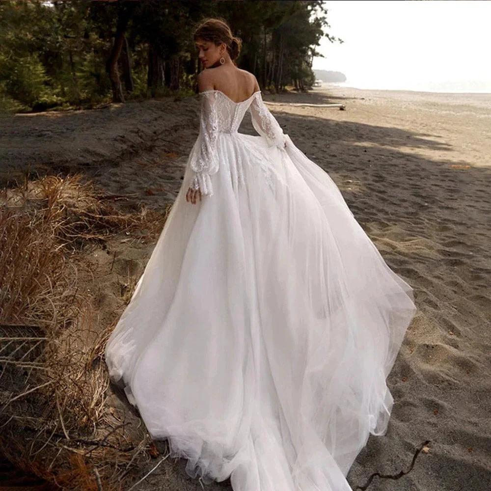 Off The Shoulder Wedding Dress Lace Applique Sweetheart Bridal Gown Puff Long Sleeves Vestido De Novia - Image 2