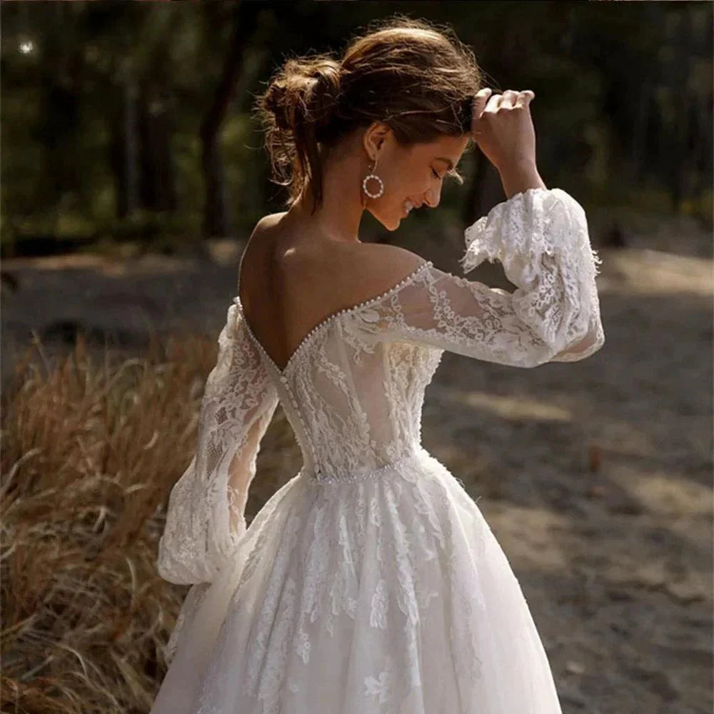 Off The Shoulder Wedding Dress Lace Applique Sweetheart Bridal Gown Puff Long Sleeves Vestido De Novia - Image 3