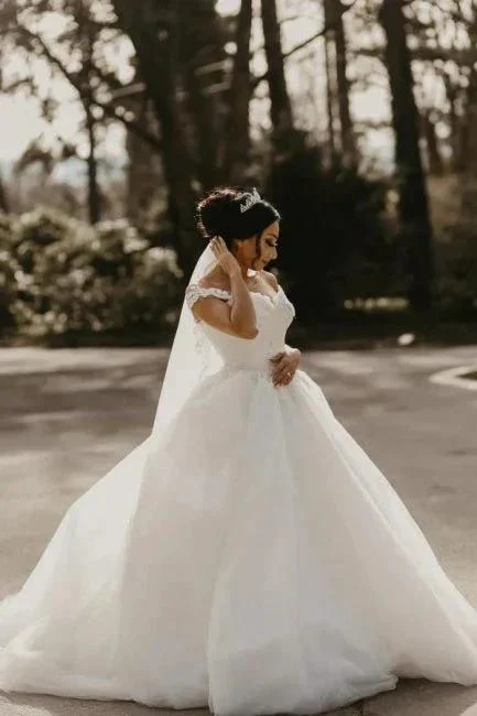 Off the shoulder White Garden Ball Gown Wedding Dress - Image 3