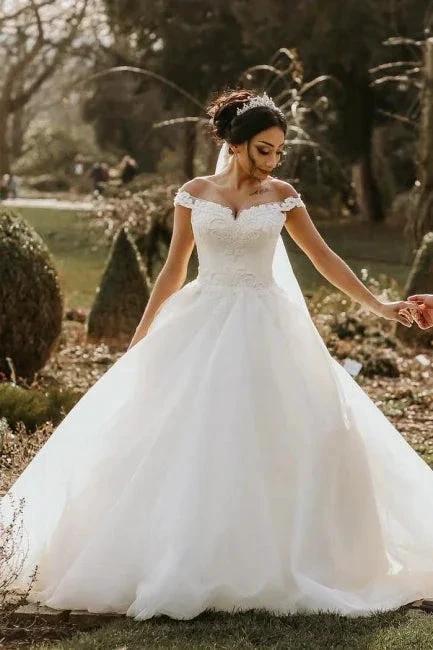 Off the shoulder White Garden Ball Gown Wedding Dress - Image 4