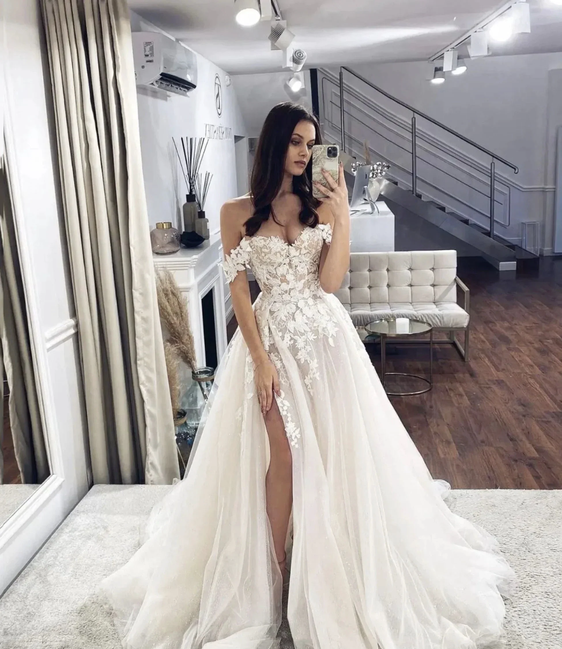 Off The Shoulder White Tulle Lace Wedding Dress Y754 - Image 2