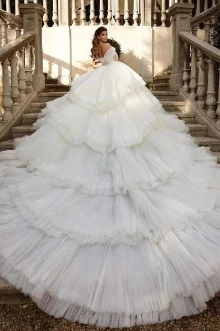 Off the Shoulder White Tulle Ruffles Luxury Wedding Dress - Image 2