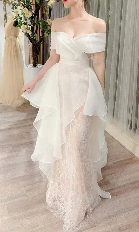 Off The Shoulder White Wedding Dress,White Tulle Bridal Dress Y2081 - Image 2