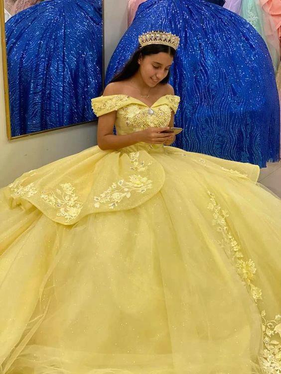Off The Shoulder Yellow Princess Dress Sweet 16 Dress Ball Gown Y655 - Image 2