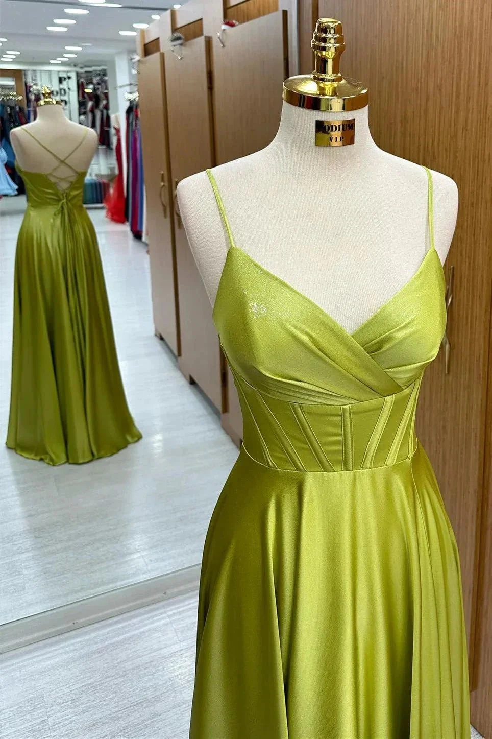 Olive Green Corset Lace-Up A-Line Long Formal Dress - Image 4