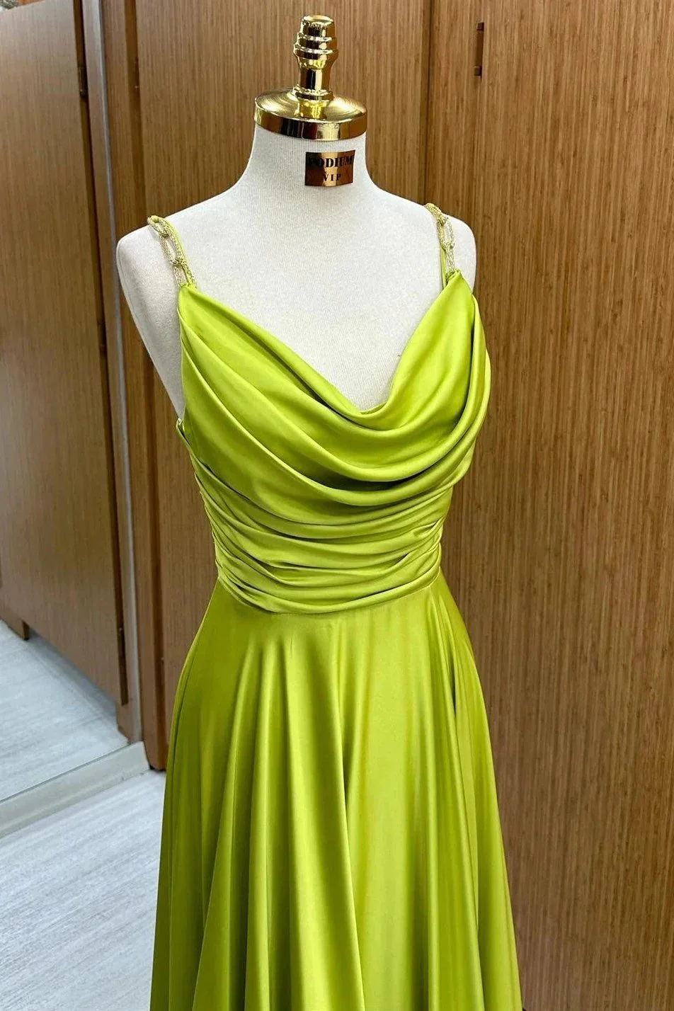 Carter | Olive Green Cowl Neck Chain Strap A-Line Long Prom Dress - Image 2