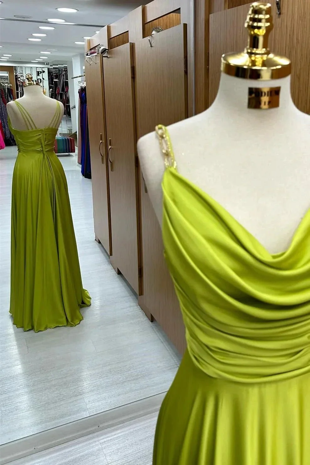 Carter | Olive Green Cowl Neck Chain Strap A-Line Long Prom Dress - Image 3
