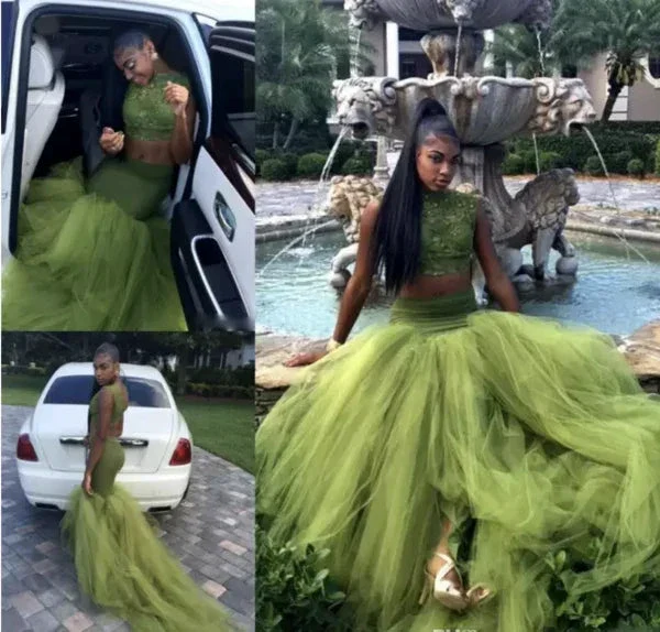 Olive Green Two Pieces Prom Dresses Lace Bodice African Girl Black Girl Evening Dress Y534 - Image 2