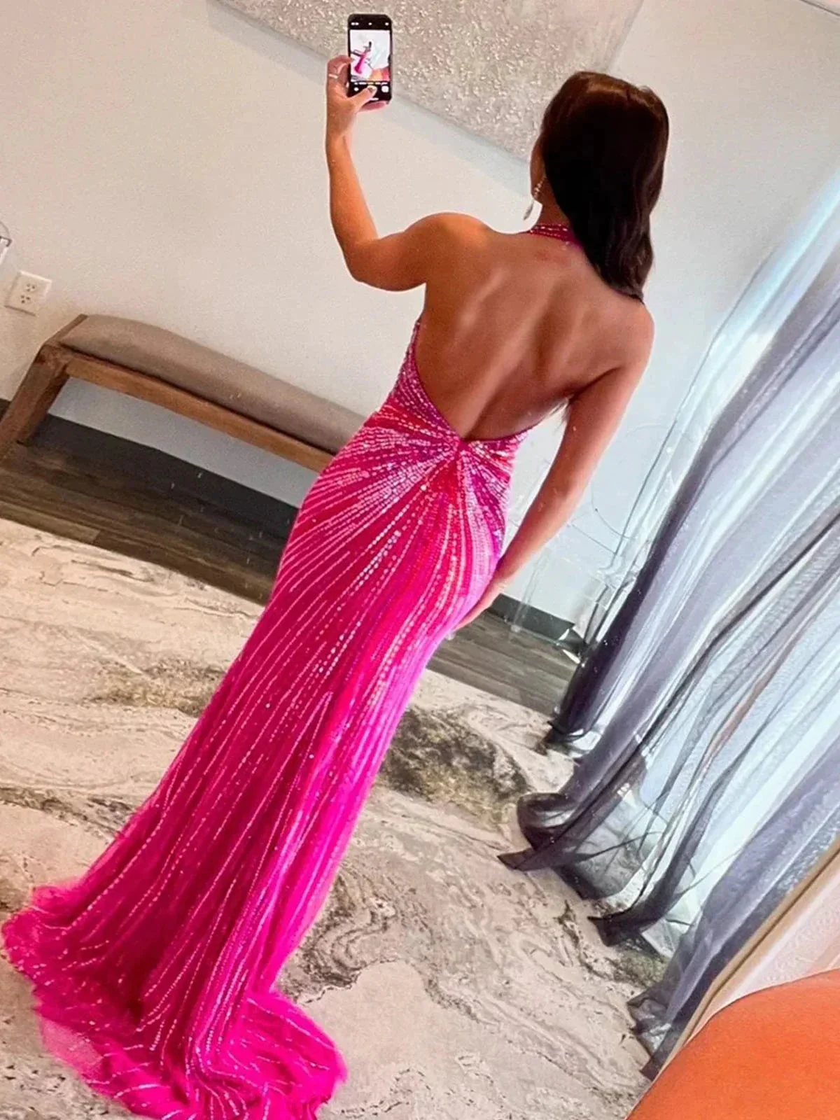 Fuchsia Halter Mermaid Beaded Prom Dress With Split - Image 2