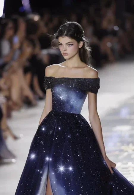 Ombre Blue Satin Sequins Ball Gown,Off The Shoulder A Line Prom Dress Evening Gown Y8337 - Image 2