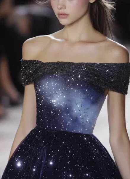 Ombre Blue Satin Sequins Ball Gown,Off The Shoulder A Line Prom Dress Evening Gown Y8337 - Image 3