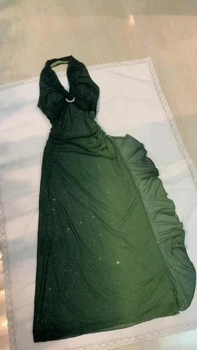 Ombre Green Chiffon Halter Long Prom Dress Glitter Evening Dress Y7481 - Image 3