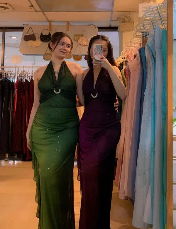 Ombre Green Chiffon Halter Long Prom Dress Glitter Evening Dress Y7481 - Image 4