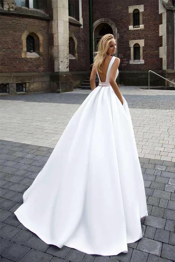 On Sale Princess Simple A-line Satin Ivory Wedding Dresses WD205 - Image 2