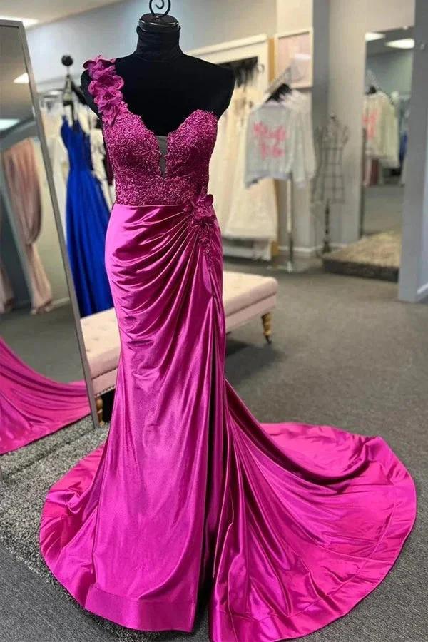 One-Shoulder 3D Floral Lace Pleated Red Prom Gown with Slit PSK496 - Image 2
