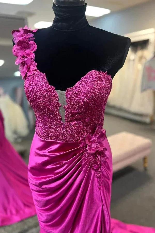 One-Shoulder 3D Floral Lace Pleated Red Prom Gown with Slit PSK496 - Image 3