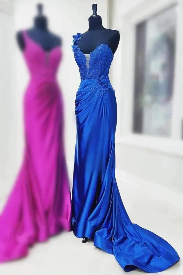 One-Shoulder 3D Floral Lace Pleated Red Prom Gown with Slit PSK496 - Image 4