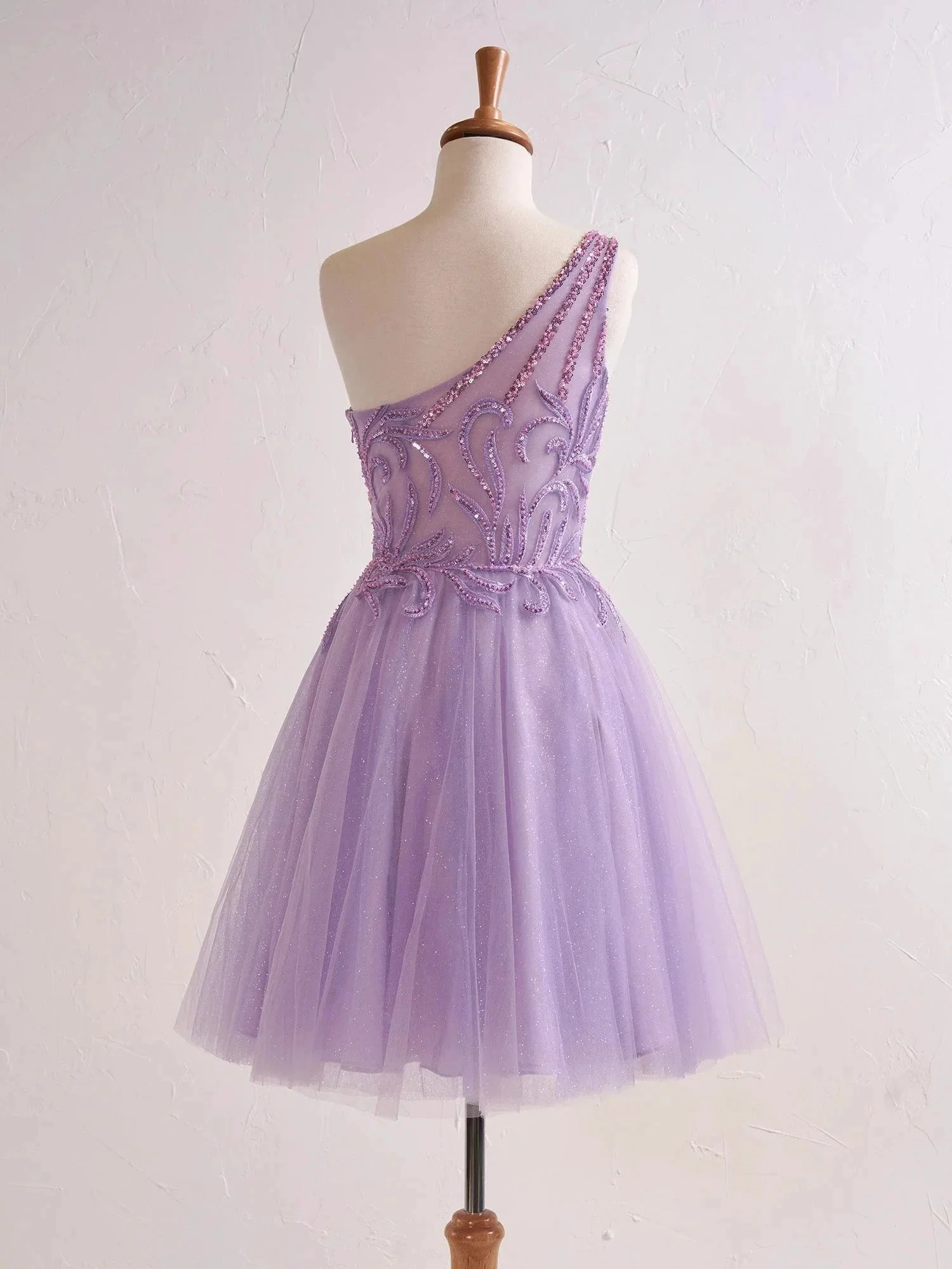 One Shoulder A-line Lilac Short Homecoming Dress with Appliques - Image 2