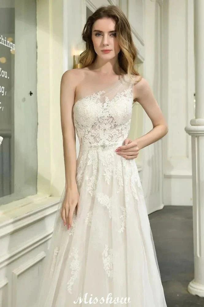 One Shoulder Aline Tulle Wedding Dress Sleeveless Spring Beach Bridal Gown - Image 10