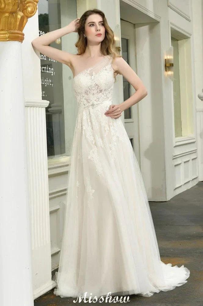 One Shoulder Aline Tulle Wedding Dress Sleeveless Spring Beach Bridal Gown - Image 2