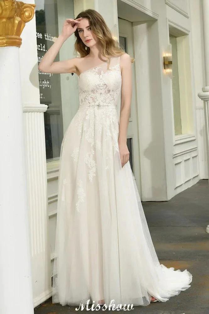 One Shoulder Aline Tulle Wedding Dress Sleeveless Spring Beach Bridal Gown - Image 3
