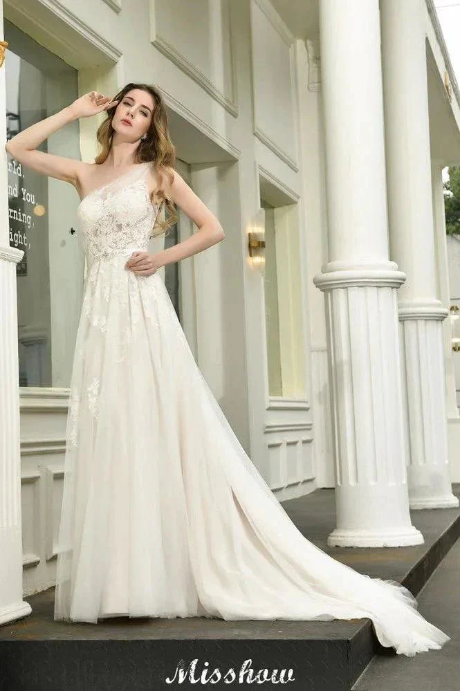 One Shoulder Aline Tulle Wedding Dress Sleeveless Spring Beach Bridal Gown - Image 4