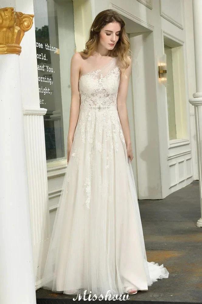 One Shoulder Aline Tulle Wedding Dress Sleeveless Spring Beach Bridal Gown - Image 5