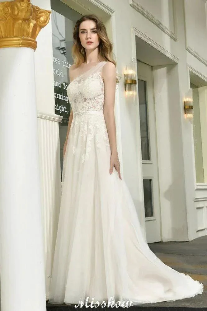 One Shoulder Aline Tulle Wedding Dress Sleeveless Spring Beach Bridal Gown - Image 6