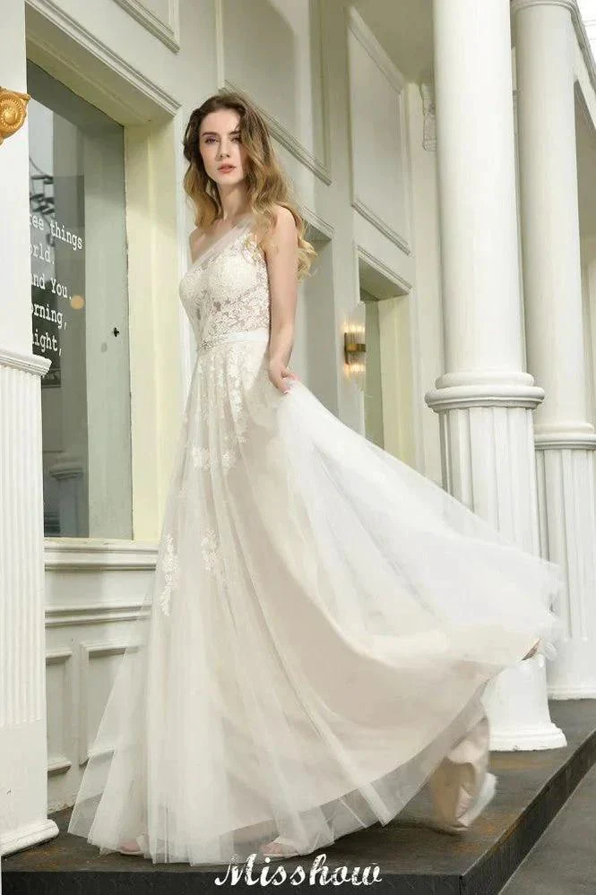One Shoulder Aline Tulle Wedding Dress Sleeveless Spring Beach Bridal Gown - Image 7