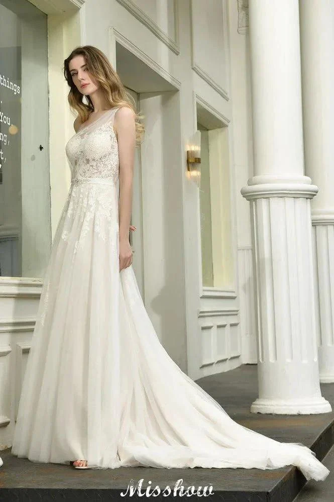 One Shoulder Aline Tulle Wedding Dress Sleeveless Spring Beach Bridal Gown - Image 8