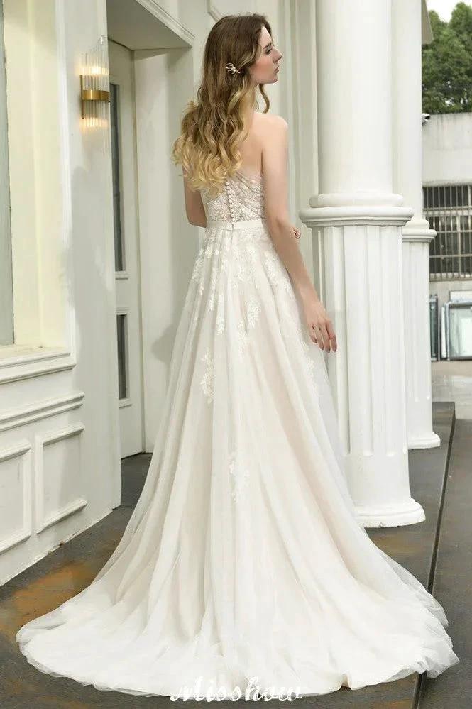 One Shoulder Aline Tulle Wedding Dress Sleeveless Spring Beach Bridal Gown - Image 9