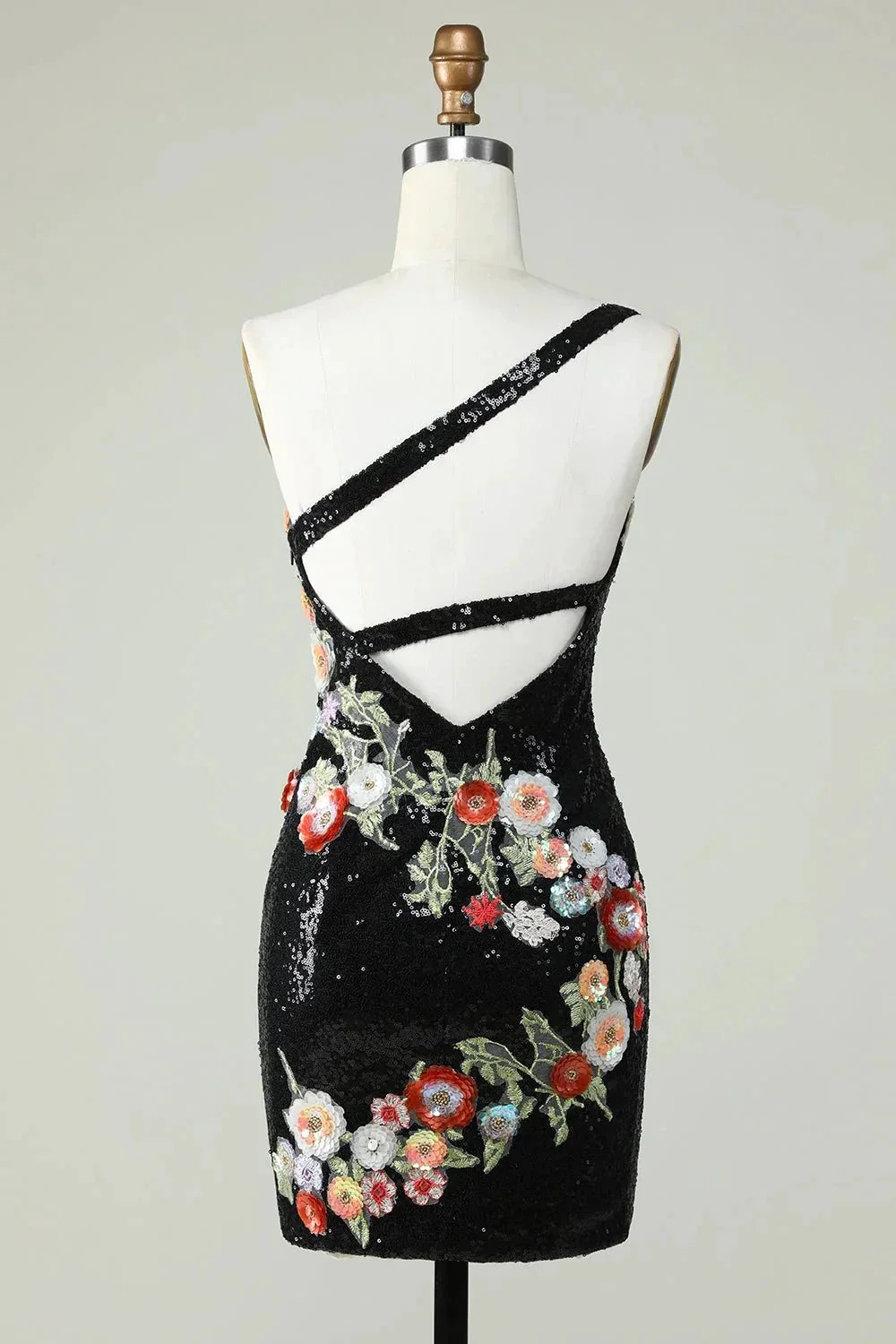 Bodycon One Shoulder Black Sequin Beading Homecoming Dress with 3d Flowers - Image 2