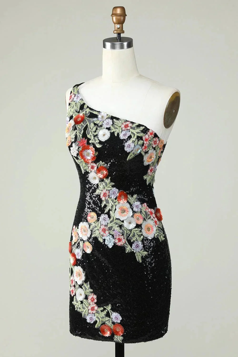 Bodycon One Shoulder Black Sequin Beading Homecoming Dress with 3d Flowers - Image 3