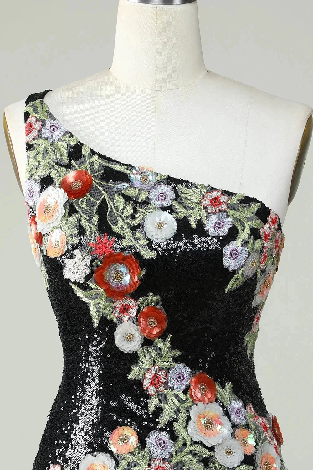 Bodycon One Shoulder Black Sequin Beading Homecoming Dress with 3d Flowers - Image 4