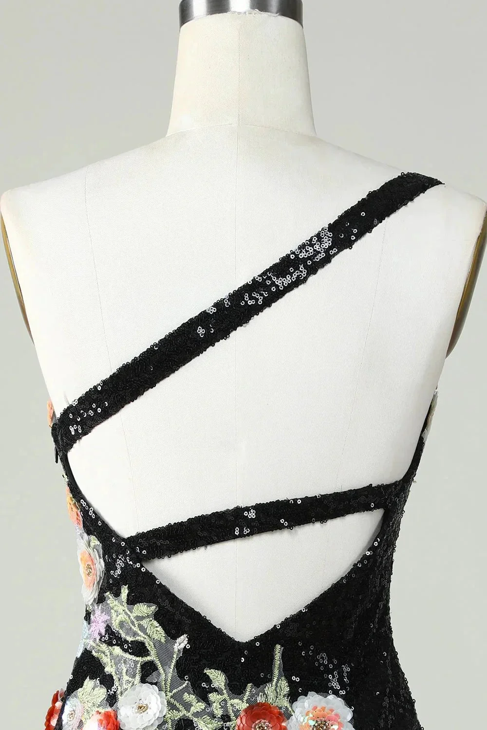 Bodycon One Shoulder Black Sequin Beading Homecoming Dress with 3d Flowers - Image 5