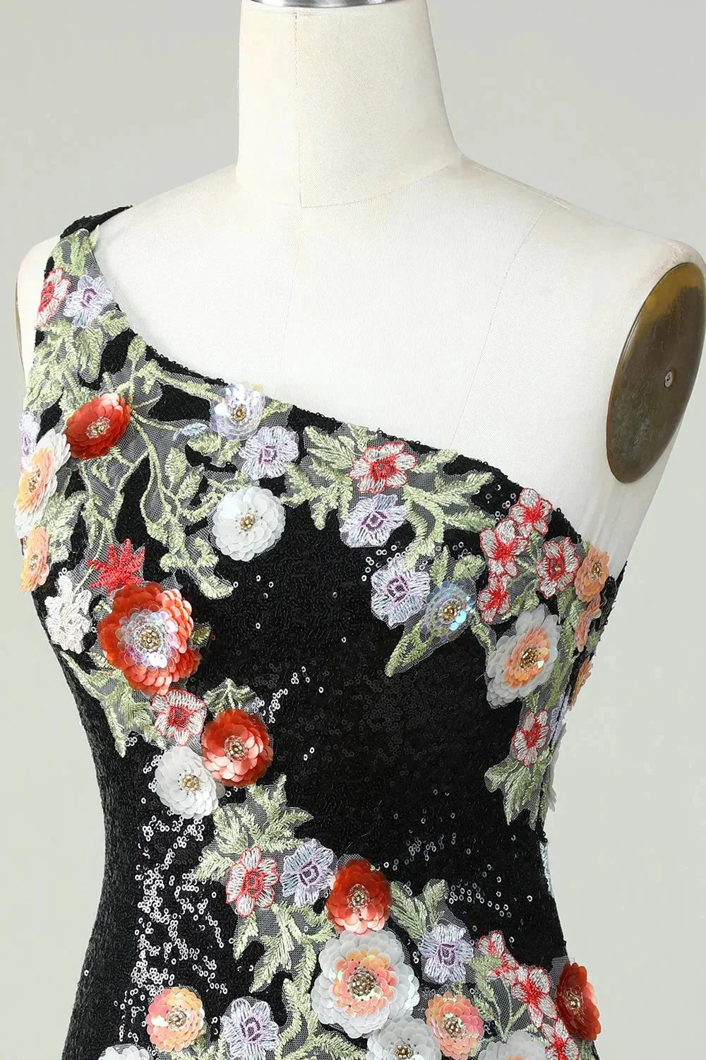 Bodycon One Shoulder Black Sequin Beading Homecoming Dress with 3d Flowers - Image 6