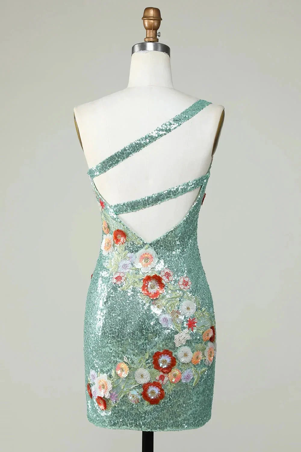 Bodycon One Shoulder Black Sequin Beading Homecoming Dress with 3d Flowers - Image 8