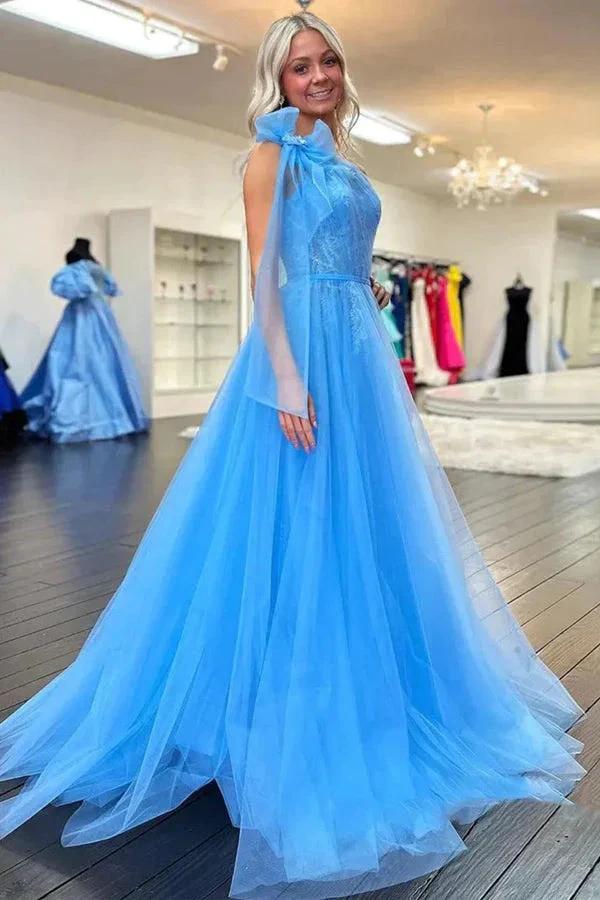 One Shoulder Blue Lace Long Prom Dresses with Slit PSK537 - Image 2