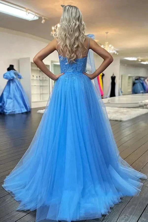 One Shoulder Blue Lace Long Prom Dresses with Slit PSK537 - Image 3