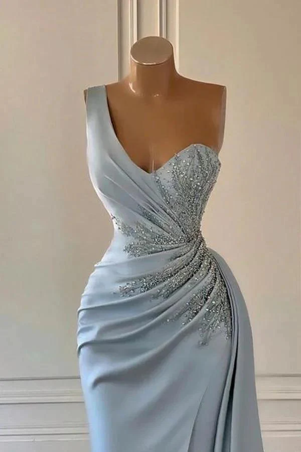 One shoulder blue prom dress in mermaid pleats - Image 2