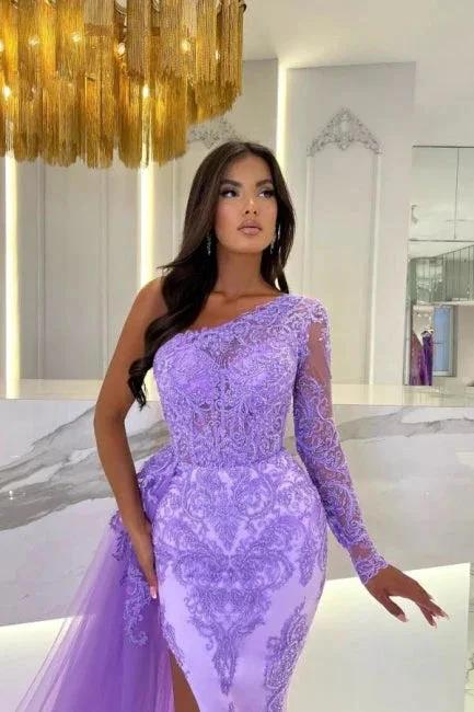 One Shoulder Column Long Sleeve Split Front Tulle Floor-Length Prom Dresses with Lace - Image 2
