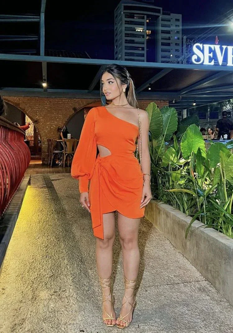 One Shoulder Cut Out Knot Side Dress Orange Homecoming Dress Y2172 - Image 2