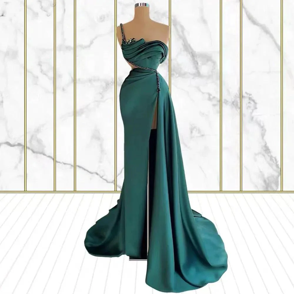 One Shoulder Emerald Rhinestone Mermaid Prom Dress With Split - Image 2