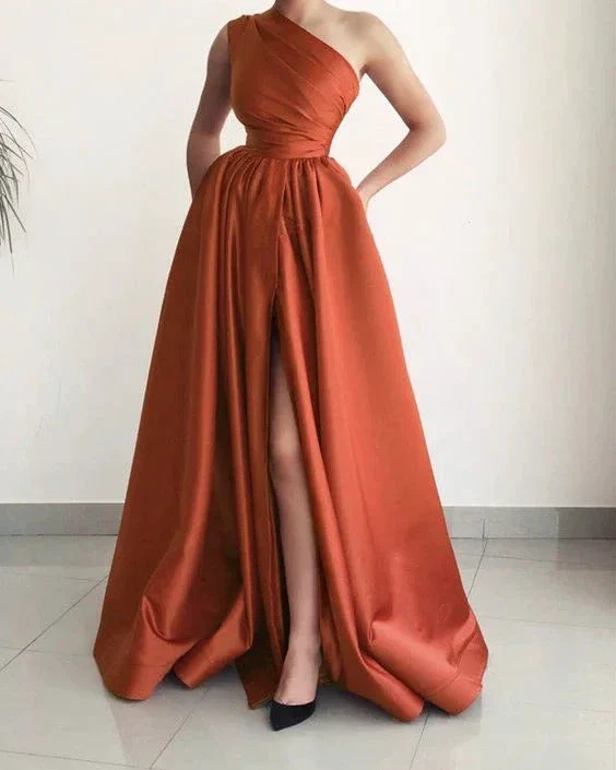 One Shoulder Evening Dresses Satin Split Formal Party Gown with Split Y5494 - Image 2