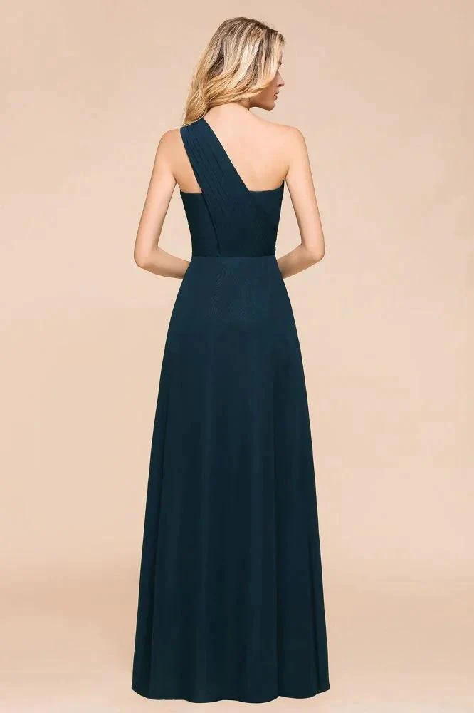 One Shoulder Floor-Length Bridesmaid Dress A-line Chiffon Wedding Party Dresses - Image 2