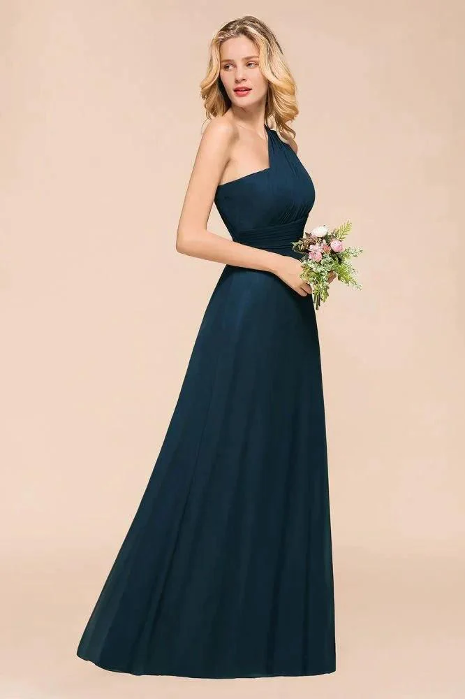 One Shoulder Floor-Length Bridesmaid Dress A-line Chiffon Wedding Party Dresses - Image 3