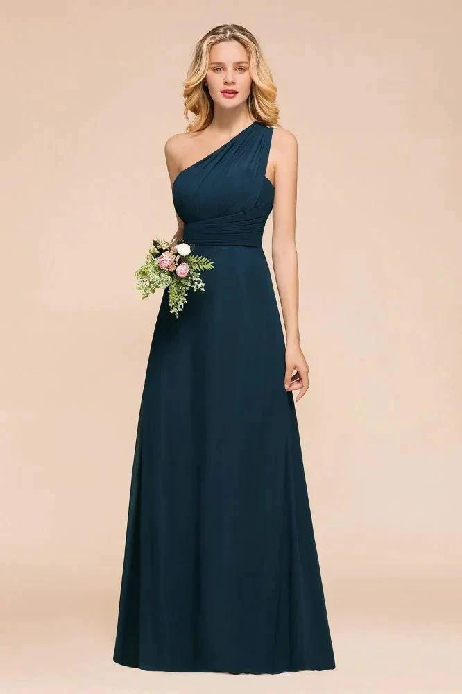 One Shoulder Floor-Length Bridesmaid Dress A-line Chiffon Wedding Party Dresses - Image 4