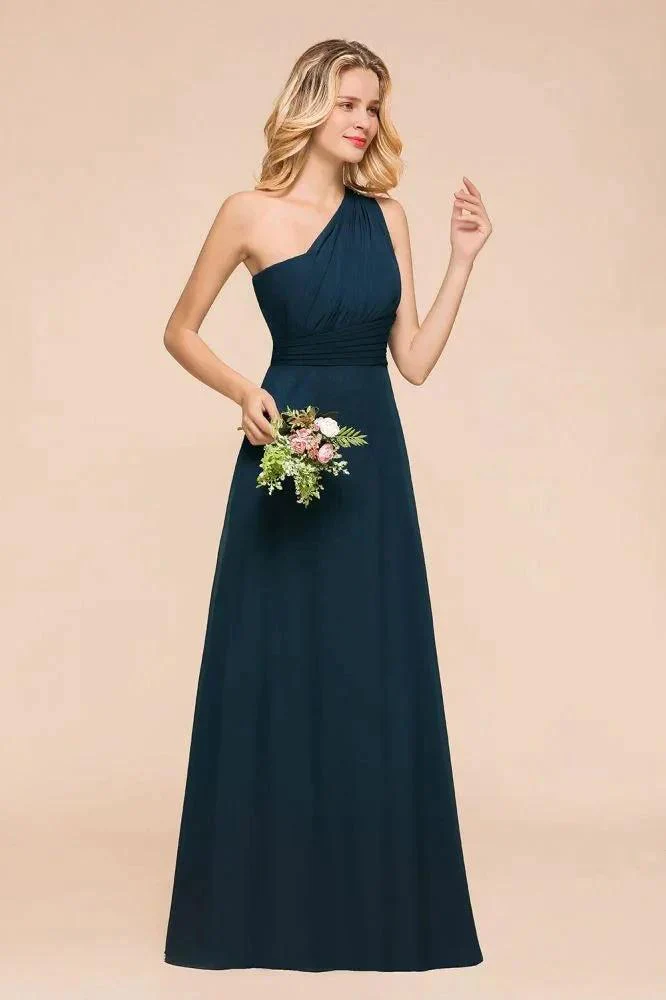 One Shoulder Floor-Length Bridesmaid Dress A-line Chiffon Wedding Party Dresses - Image 5